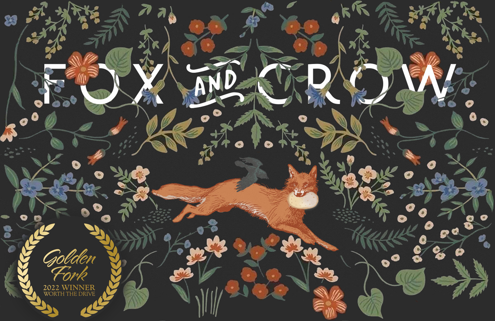 Art with Fox and Crow illustration on floral wallpaper - Fox Valley Golden Fork 2022 Award Winner